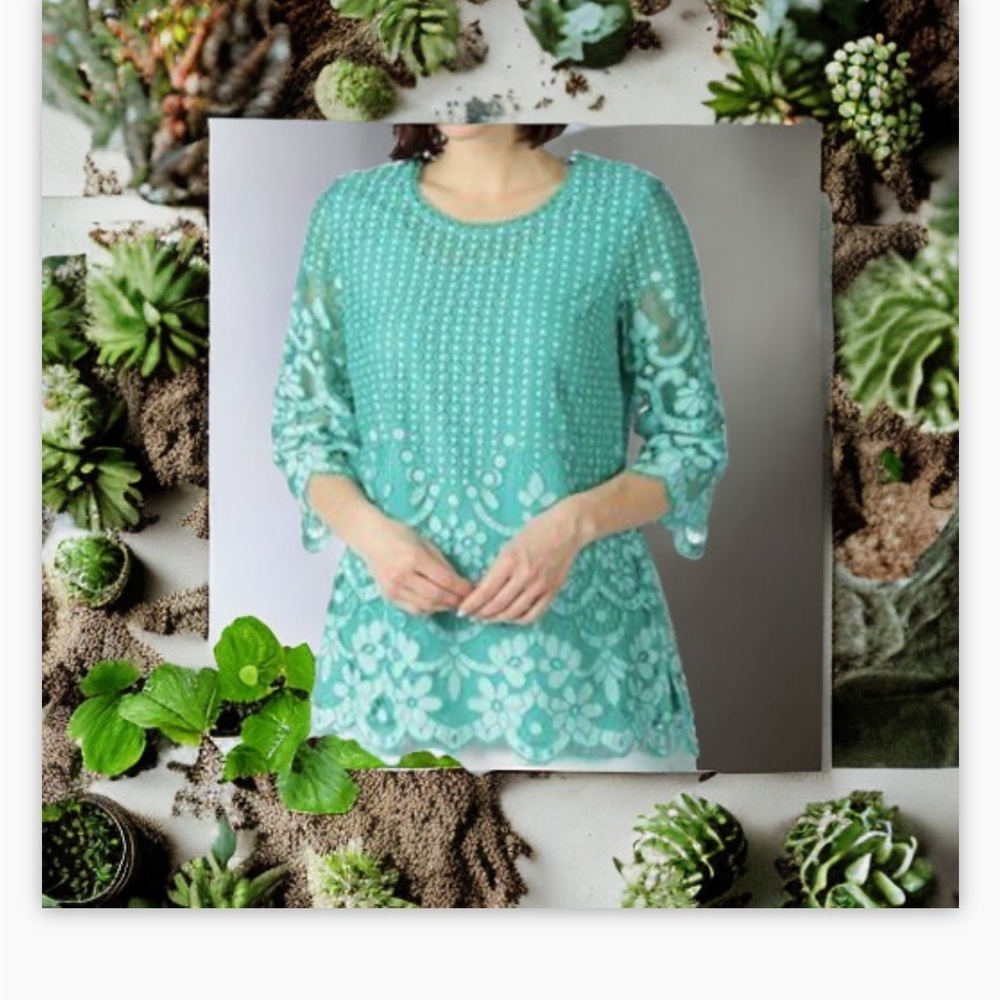 Isaac Mizrahi Live! Green Crochet Lace Overlay Tunic Top Sz Lg beautifu… - Picture 3 of 11